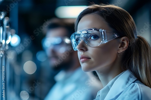 A focused scientist in a lab wearing safety goggles, engaged in research with a colleague in the background.