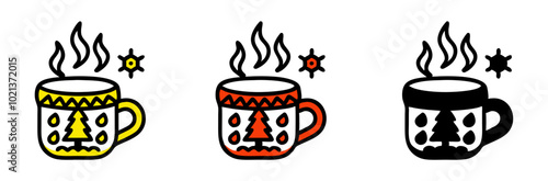 Cozy holiday mugs with Christmas tree designs emanating warmth and cheer colorful icon set