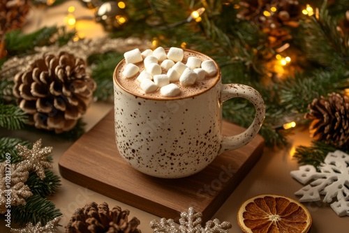 Winter drink, white mug with marshmallows in female hands in knitted Christmas Sweater on pink background. Top view, Flat Lay. New Year, Christmas traditional food. Festive decor, celebration Xmas