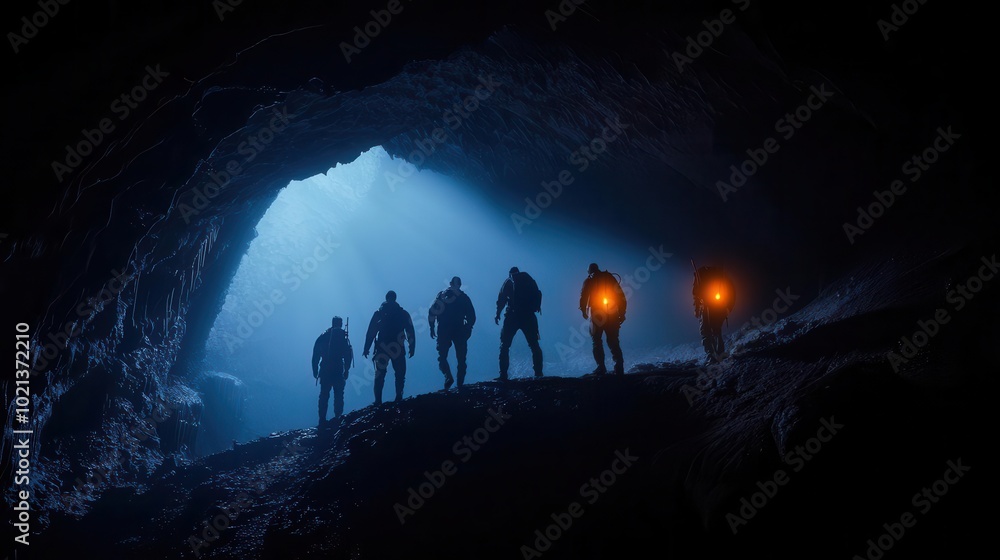 A group of explorers in a dark cave, their lanterns casting eerie shadows on the walls, underground adventure, danger and mystery A group of explorers in a dark cave, their lanterns casting eerie shadows on the walls, underground adventure, danger and mystery
