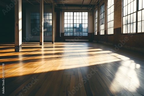 Sunlight Through Windows in Empty Room with Brick Walls