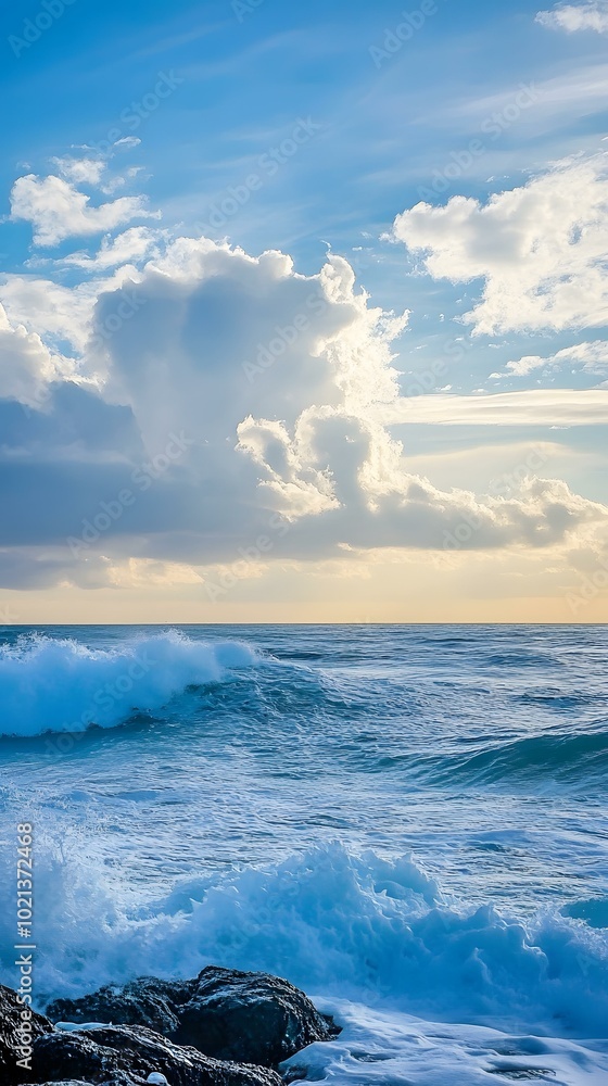 Ocean Waves Crashing on the Coastline Under a Blue Sky Ocean Waves Crashing on the Coastline Under a Blue Sky