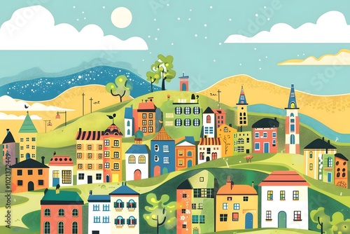 Colorful Illustration of a Small Town with Houses and Hills