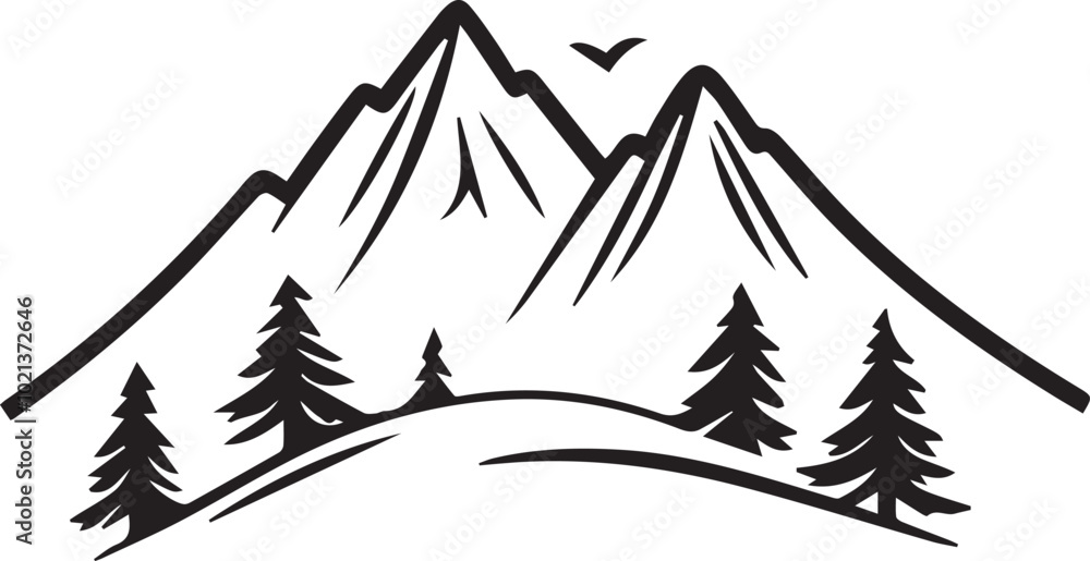 Obraz premium Mountain outline vector with the tree, Mountain range silhouette isolated vector illustration.
