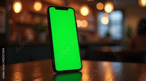 Smartphone with Vibrant Green Display on Dark Wooden Surface