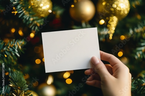 Christmas blank card in Female hand. White greeting card among decorated Christmas tree with holiday decorations. Frame note mock up with space for text. Empty paper sheet. Seasons greetings. Template