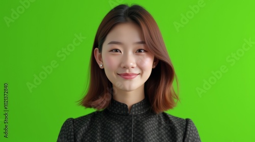 Smiling portrait of a young brunette woman with shoulder-length hair