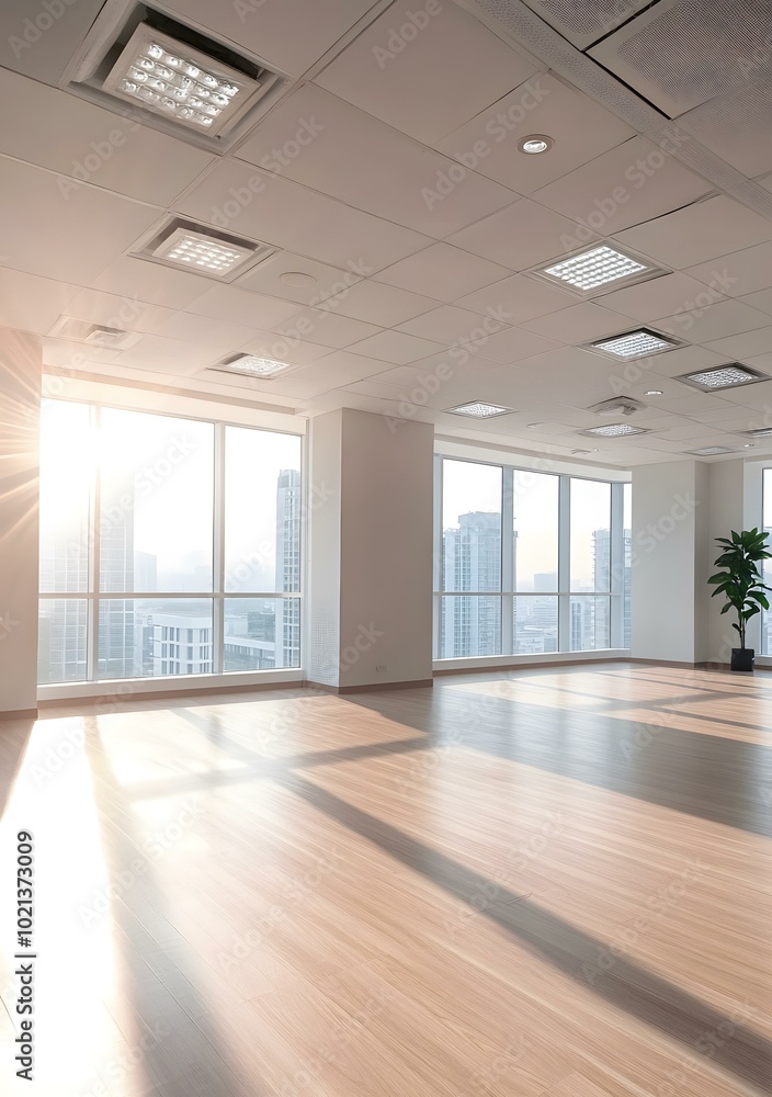 Modern Office Interior With Floor to Ceiling Windows and Sunlight Modern Office Interior With Floor to Ceiling Windows and Sunlight