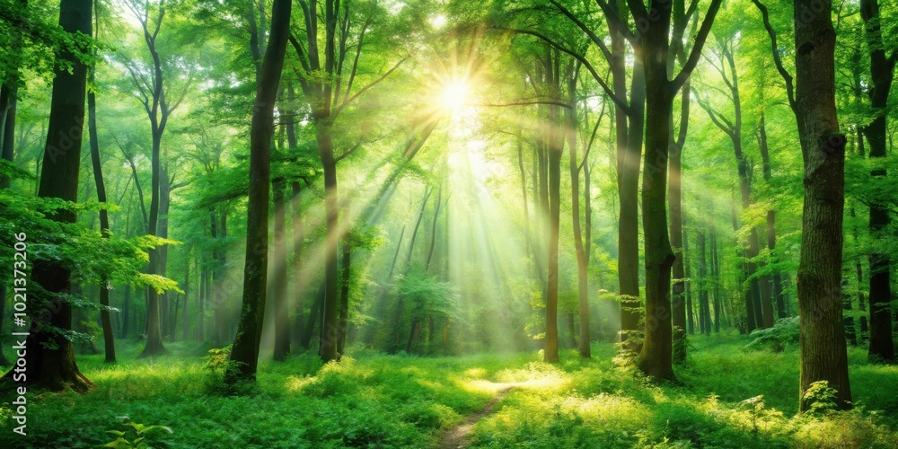 Obraz premium Sunbeams illuminating a path through a lush green forest, creating a magical and serene atmosphere
