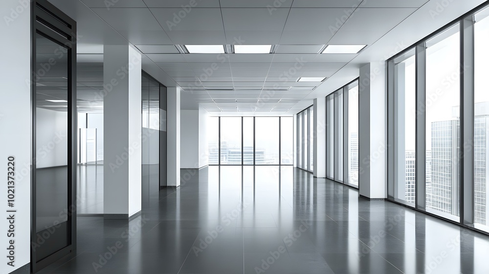 Fototapeta premium Modern Office Interior with Large Windows and City View