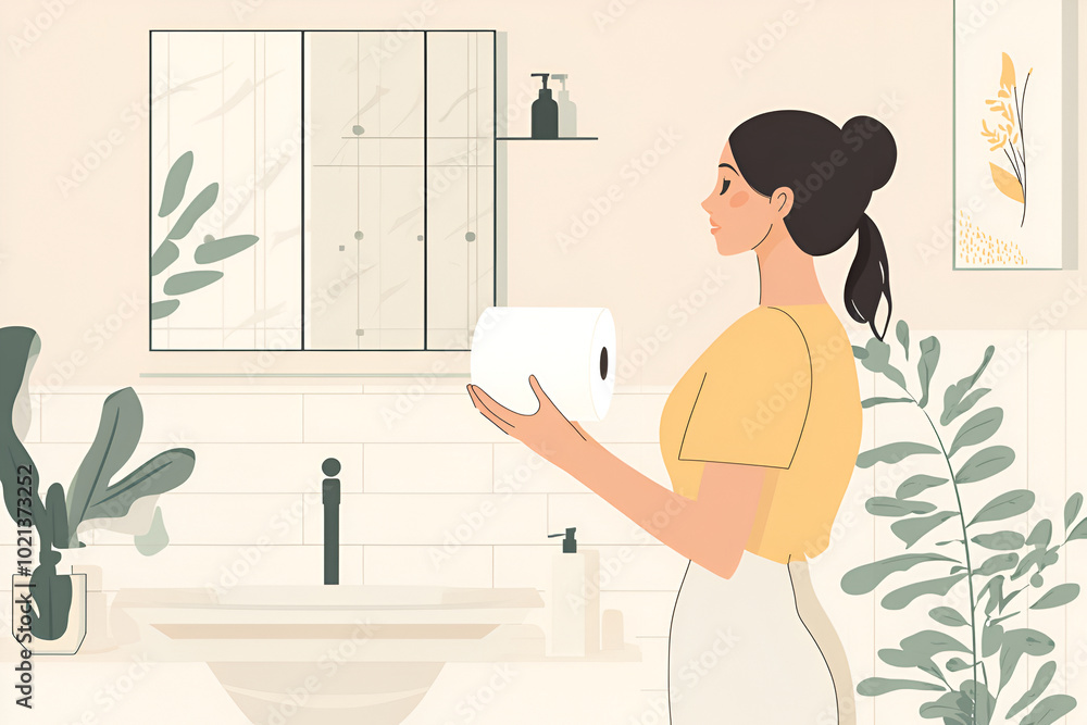 Woman holding toilet paper in a modern bathroom with plants