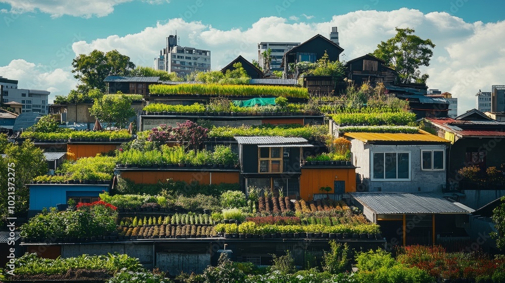 Urban Rooftop Gardens Flourish in Vibrant Layers Against a Skyline Backdrop Under a Clear Blue Sky Urban Rooftop Gardens Flourish in Vibrant Layers Against a Skyline Backdrop Under a Clear Blue Sky