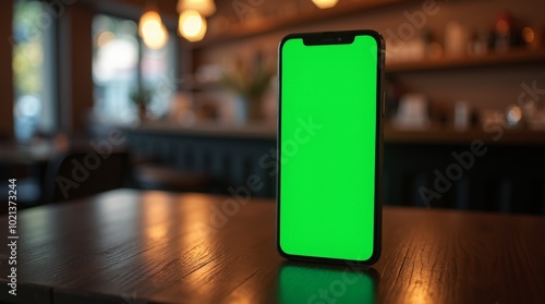 Upright Smartphone Displaying Neon Green Screen on Dark Wood Table