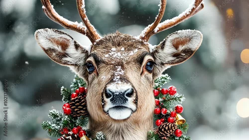 Close-up of a reindeer wearing a Christmas wreath, set against a snowy background with pine trees, creating a joyful holiday atmosphere. Christmas, New Year Close-up of a reindeer wearing a Christmas wreath, set against a snowy background with pine trees, creating a joyful holiday atmosphere. Christmas, New Year