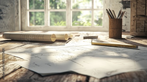 Architectural Blueprints on Wooden Worktable - Renovation in Progress