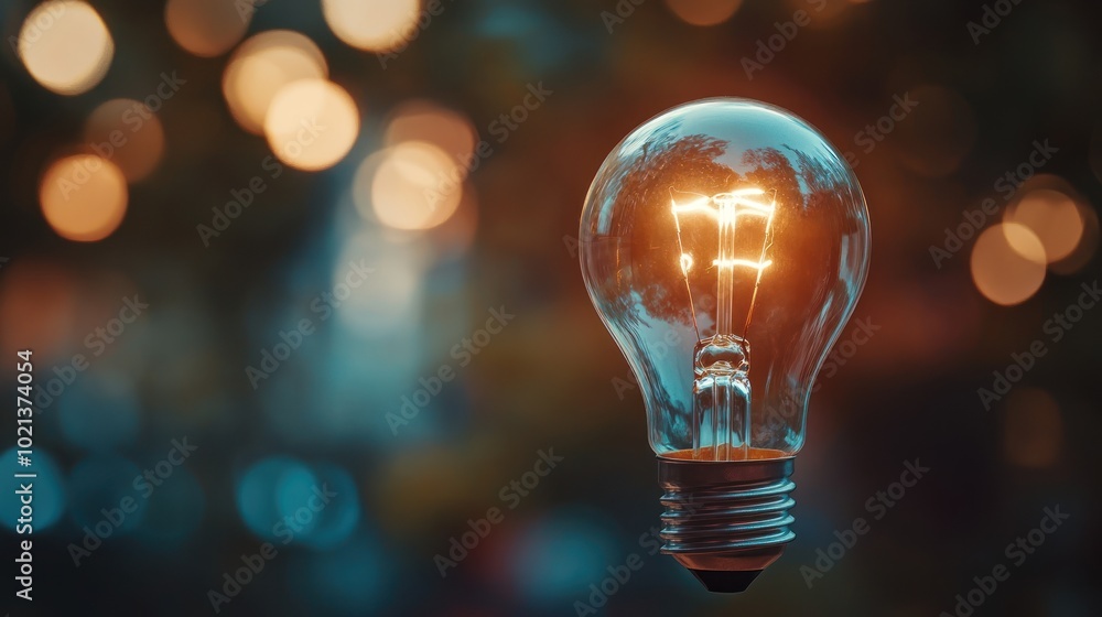 A glowing light bulb suspended in the air, showcasing its filament against a blurred background. A glowing light bulb suspended in the air, showcasing its filament against a blurred background.