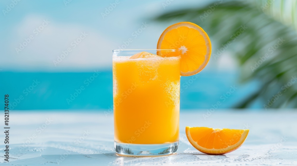 Fototapeta premium A vibrant orange mocktail with a tropical background