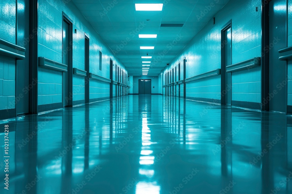 Fototapeta premium Empty Hospital Corridor with Fluorescent Lights and Reflective Floor