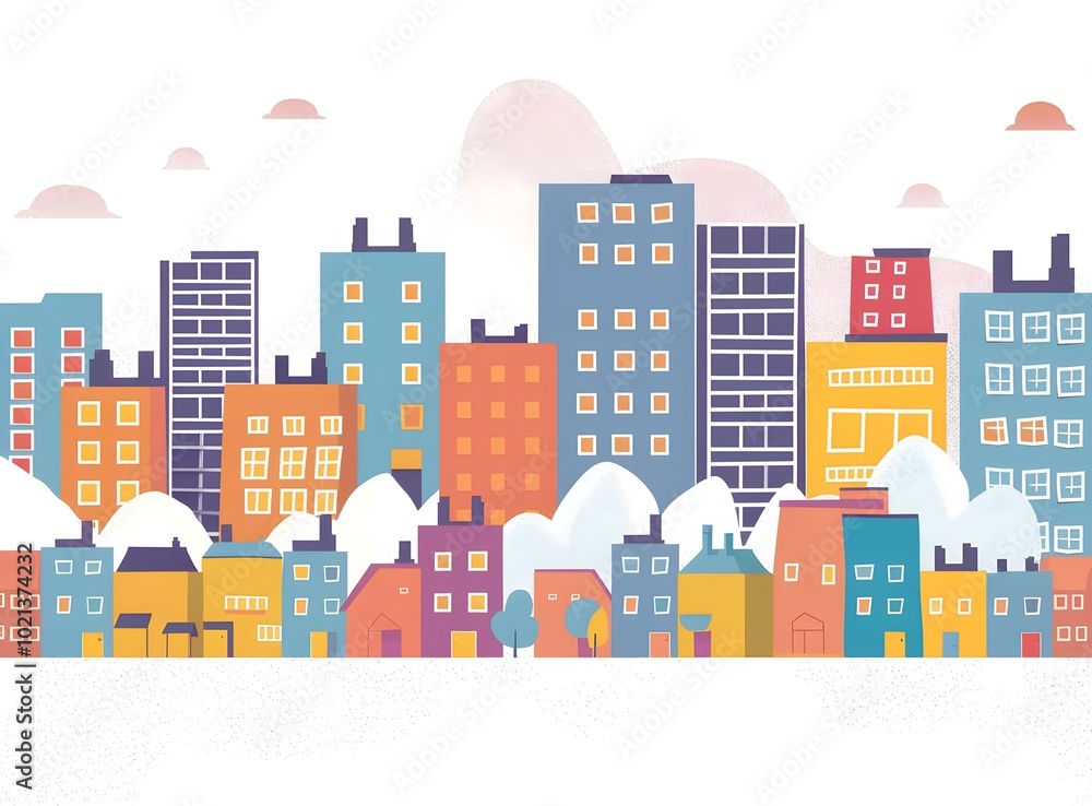 Obraz premium Colorful Cityscape Illustration with Buildings and Clouds