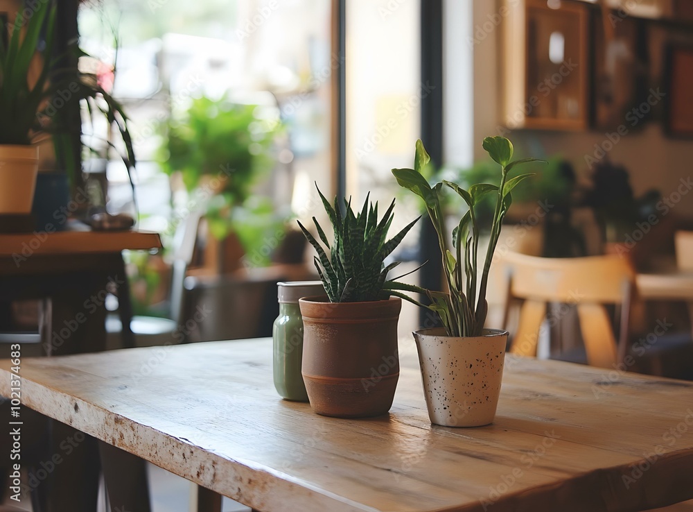 Green Plants on Wooden Table in Cafe Green Plants on Wooden Table in Cafe