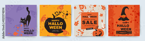 Happy Halloween set of cute vector cards or party invitations with funny ghosts, bats, pumpkins. Trendy design for cover, sale banner, party invitation, flyer, advertisement, social media background