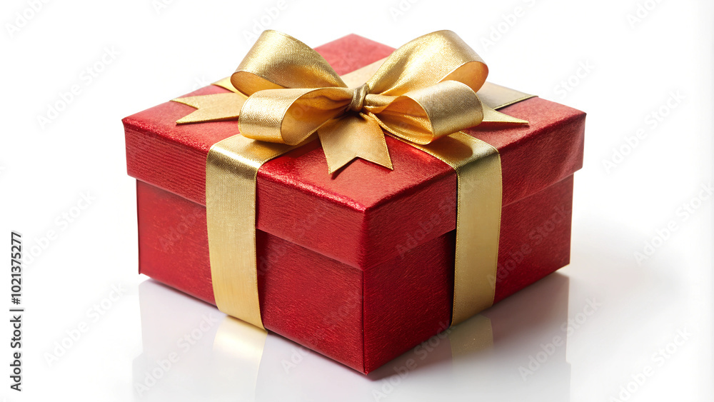 Obraz premium Elegant Red Gift Box with Golden Ribbon on White Background with Copy Space 