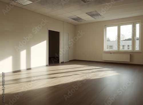 Empty Room with Wooden Floor, White Walls, and Sunlight Streaming Through a Window