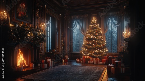 interior christmas. magic glowing tree, fireplace, gifts in. dark