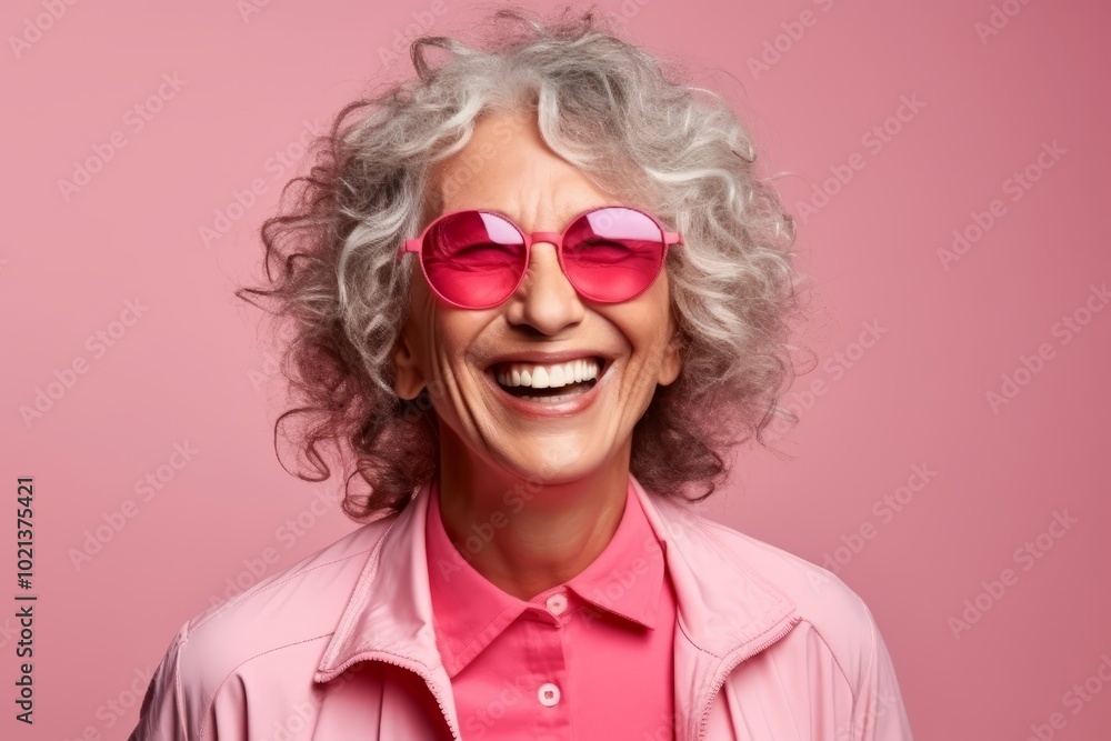 Portrait of a happy senior woman wearing pink sunglasses over pink background Portrait of a happy senior woman wearing pink sunglasses over pink background