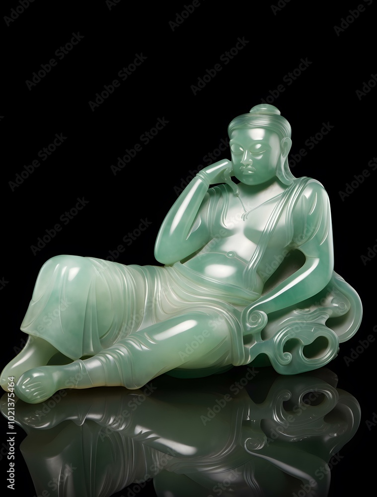 Green Jade Sculpture of a Reclining Buddha Green Jade Sculpture of a Reclining Buddha