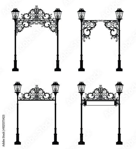 antique wrought arch passage between two street lights - mysterious fantasy entrance black and white vector outline set