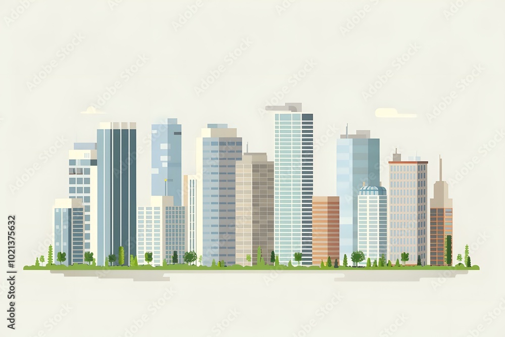 Fototapeta premium Modern City Skyline Illustration with Buildings and Trees