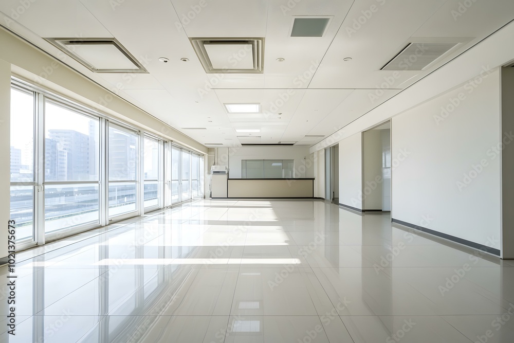 Empty Office Interior with Big Window and Tiled Floor Empty Office Interior with Big Window and Tiled Floor