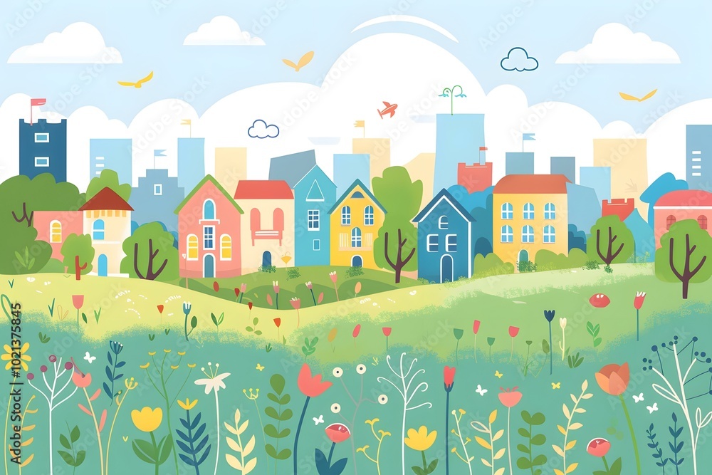 Cute Cartoon Illustration Of A Small Town With Colorful Buildings And Green Grass Cute Cartoon Illustration Of A Small Town With Colorful Buildings And Green Grass