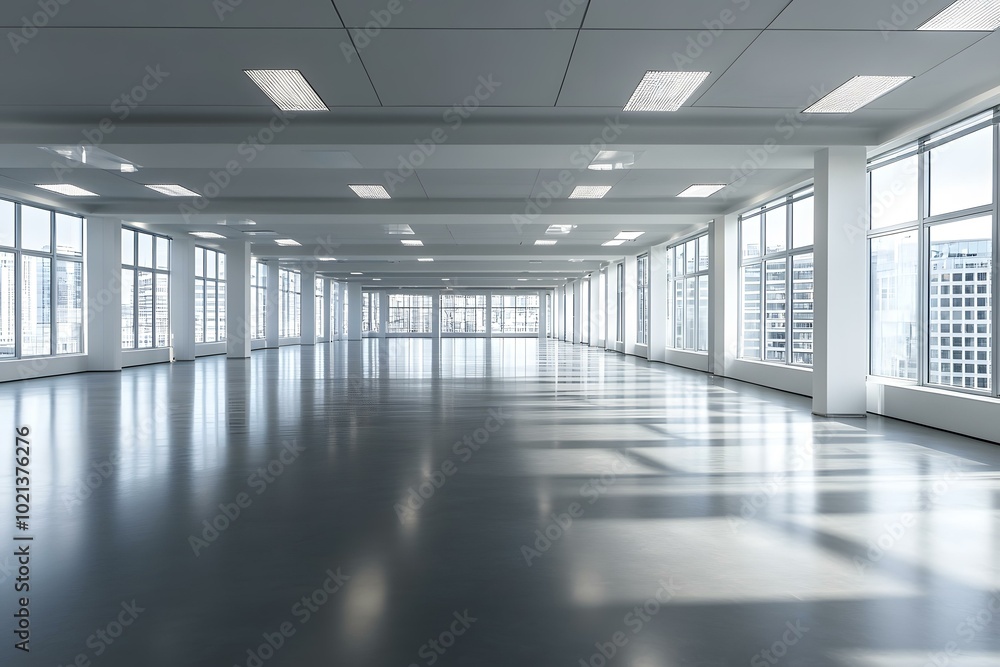 Fototapeta premium Empty Modern Office Space with Large Windows and Bright Lighting