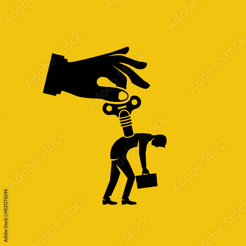 The businessman ran out of battery. Tired worker. Businessman with wind-up key in back. Vector illustration flat design. Isolated on white background.