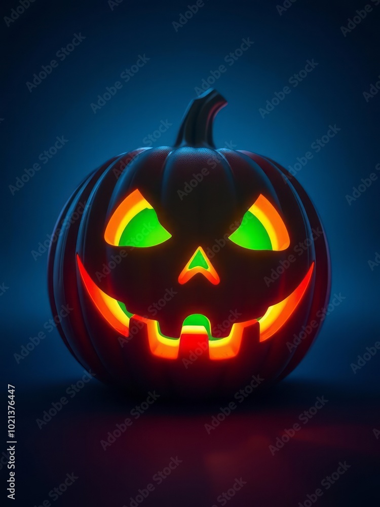 Fototapeta premium Glowing neon jack-o'-lantern with bright green and orange tones deep blue gradient backdrop halloween backdrop