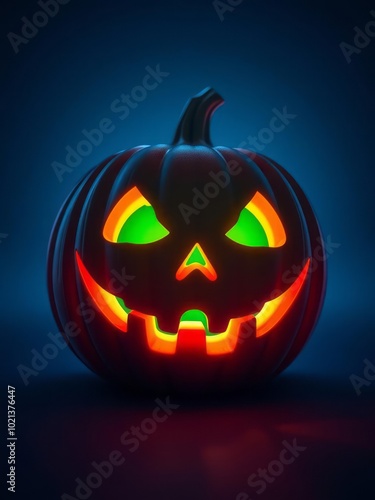 Glowing neon jack-o'-lantern with bright green and orange tones deep blue gradient backdrop halloween backdrop