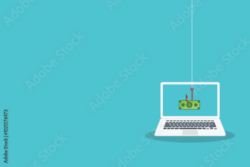 Phishing digital money. Phishing bait website or online crime, thief steal money from online banking app concept, laptop with fishing bait scam money threat.	