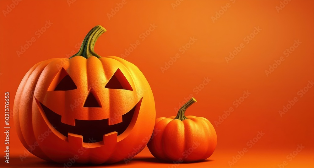 A spooky jack-o-lantern & Mini pumpkin on a orange background, celebrating Halloween with an evil smile and glowing light A spooky jack-o-lantern & Mini pumpkin on a orange background, celebrating Halloween with an evil smile and glowing light
