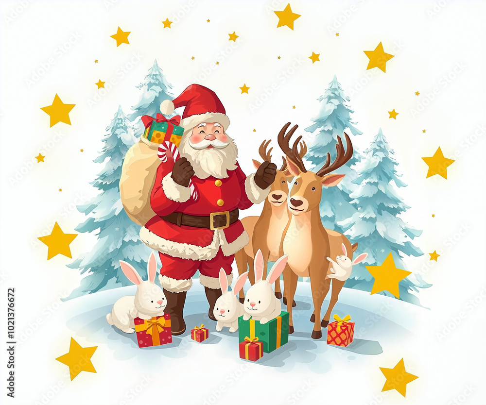 Fototapeta premium The image depicts Santa Claus holding a sack of gifts, standing in a snowy landscape with reindeer and rabbits, and surrounded by presents and stars.