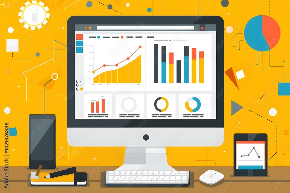 Desktop with Computer, Charts, and Graph Icons Desktop with Computer, Charts, and Graph Icons