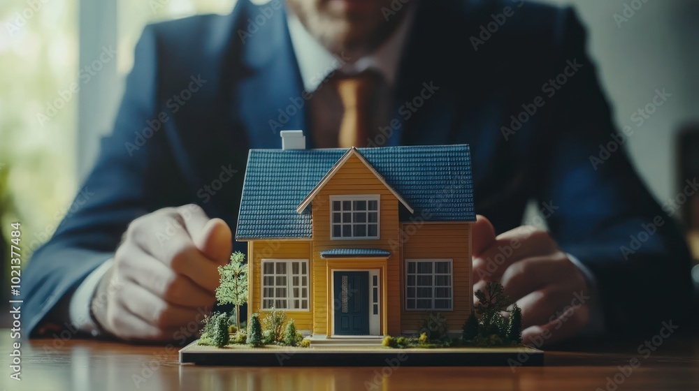 A businessman examines a miniature house model, symbolizing real estate investment. A businessman examines a miniature house model, symbolizing real estate investment.
