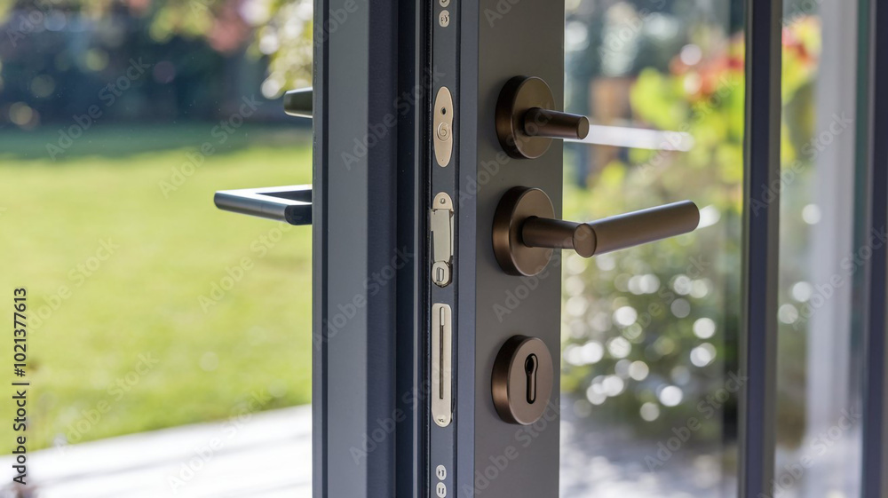 Modern Door Handle and Lock on Grey Sliding Door with Garden View Modern Door Handle and Lock on Grey Sliding Door with Garden View