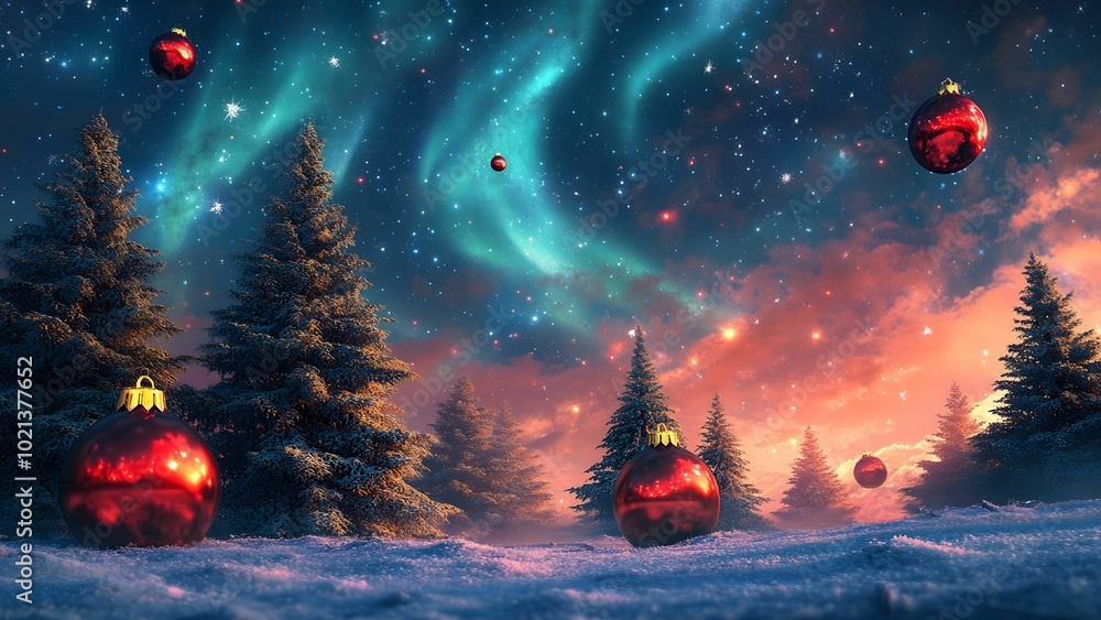 Fototapeta premium snow-covered trees, and a vibrant aurora lighting the sky.
