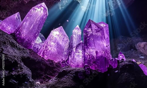 Large Purple Crystals in Illuminated Cave