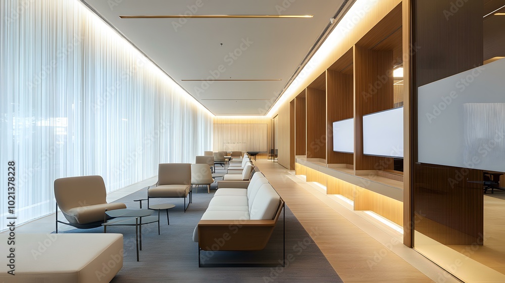 Modern Office Lobby with White Sofa and Wooden Walls Modern Office Lobby with White Sofa and Wooden Walls
