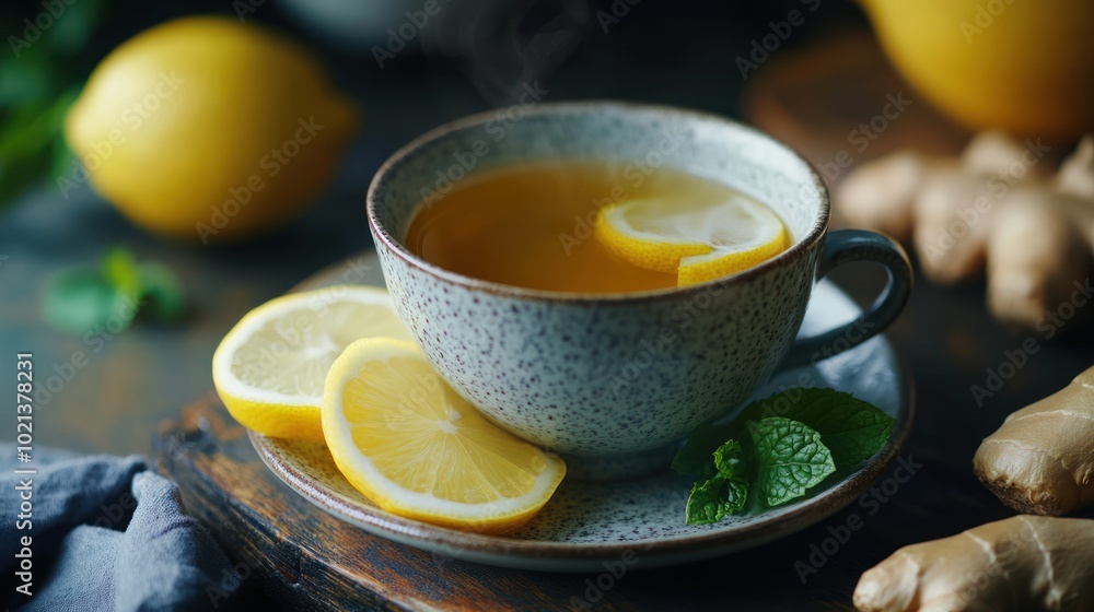 A warm cup of lemon ginger tea with fresh lemon slices and mint leaves. A warm cup of lemon ginger tea with fresh lemon slices and mint leaves.