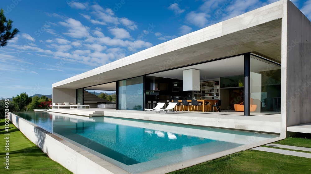 Modern Concrete House with Infinity Pool and Blue Sky Modern Concrete House with Infinity Pool and Blue Sky