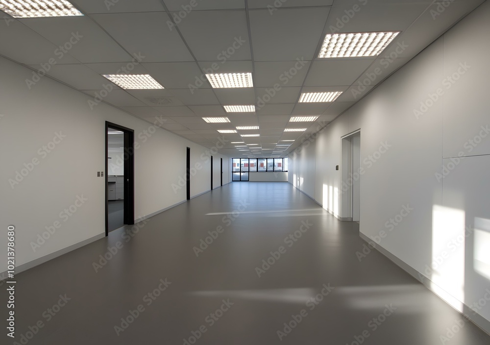 Empty Office Corridor With White Walls And Grey Floor Empty Office Corridor With White Walls And Grey Floor